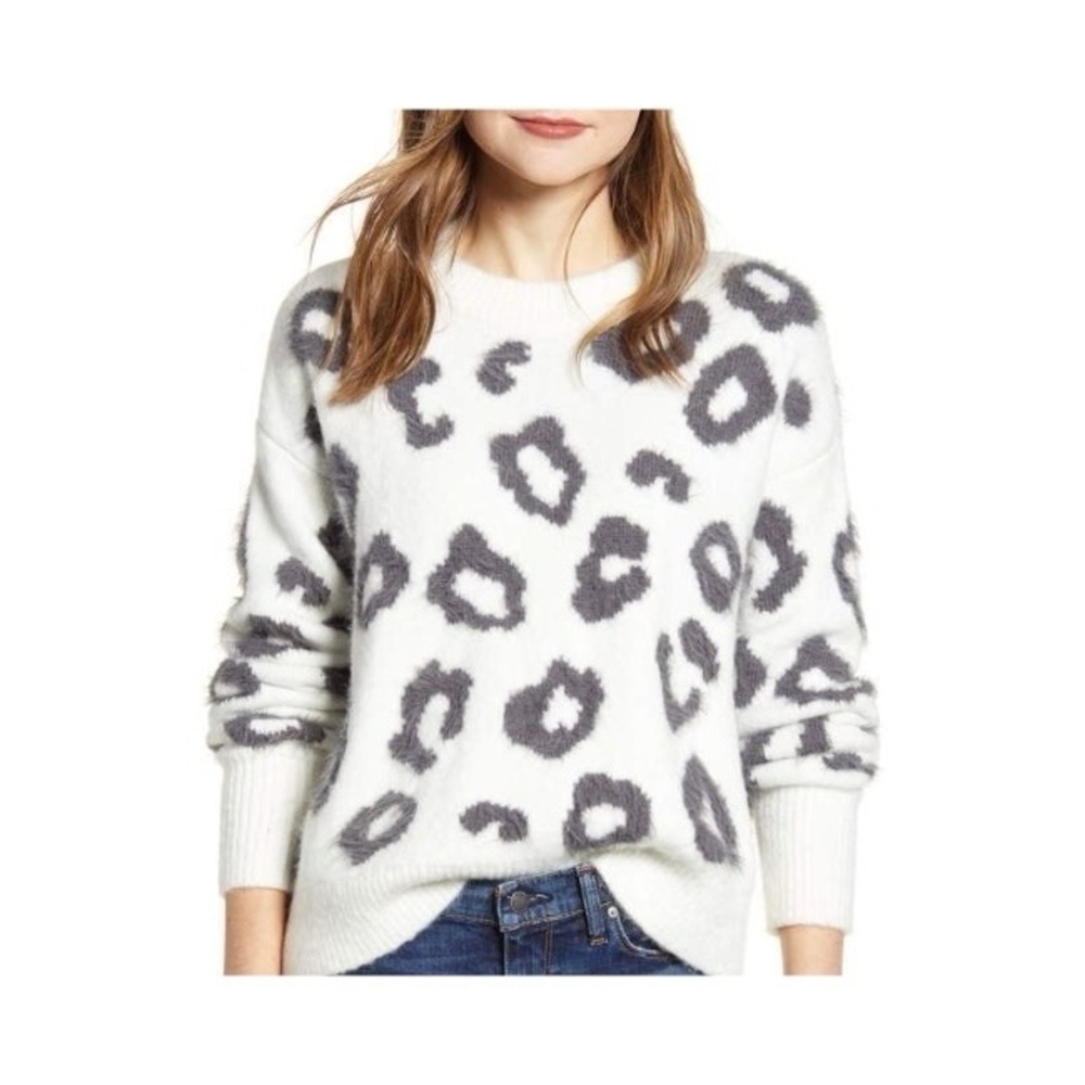 Lou & Grey Round Neck Cream Off-white Fuzzy Animal Print Wool Size Medium - Picture 2 of 2